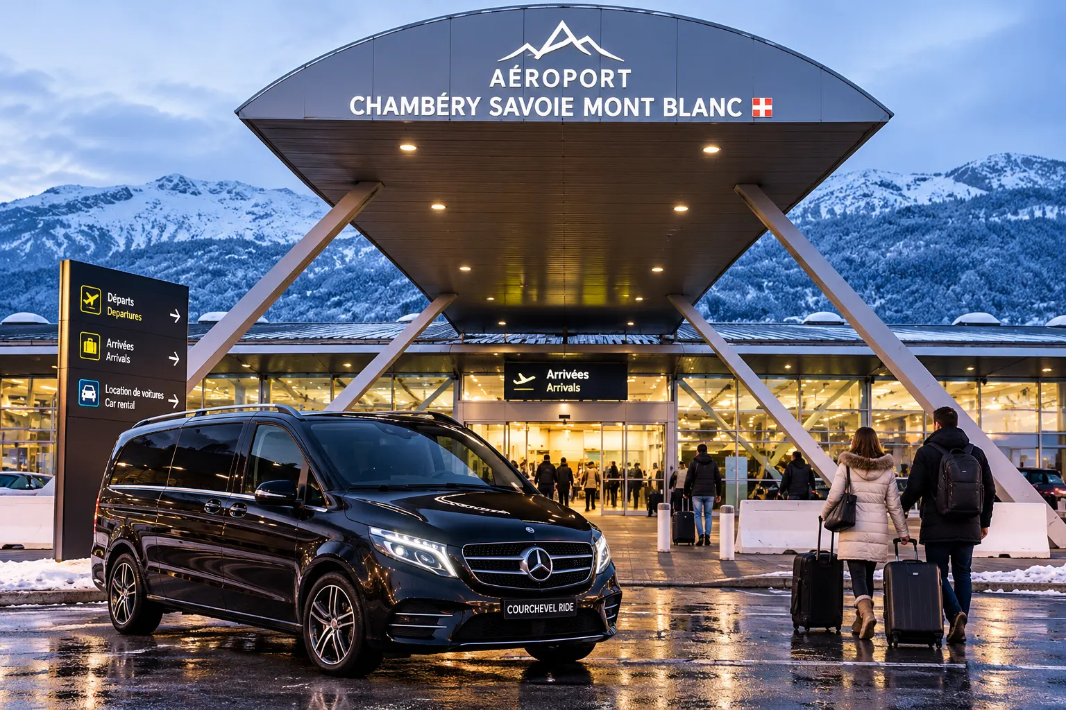 Black Mercedes private transfer van outside Chambéry Savoie Mont Blanc Airport