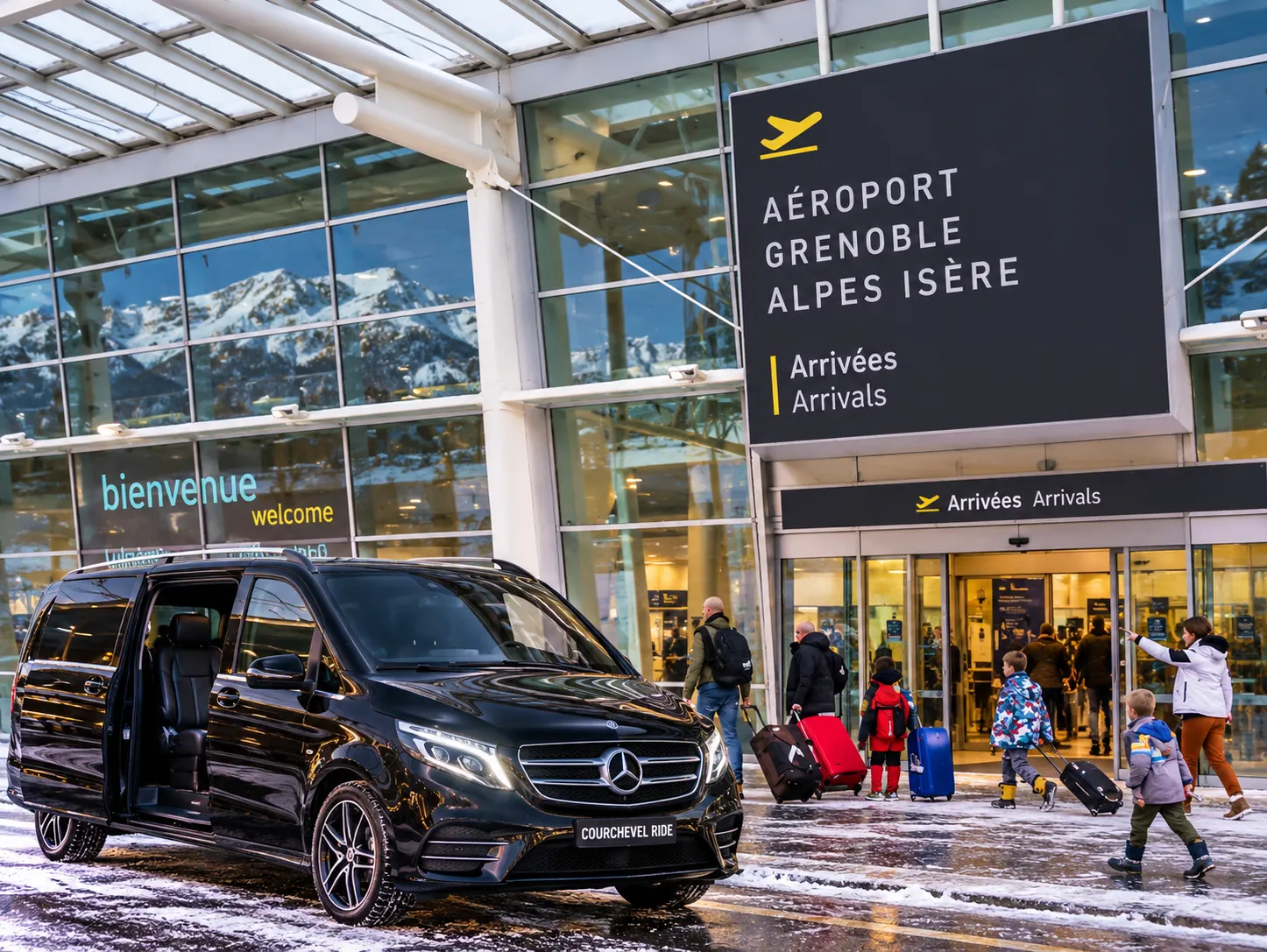 Black Mercedes van outside Grenoble Alpes-Isère Airport arrivals terminal