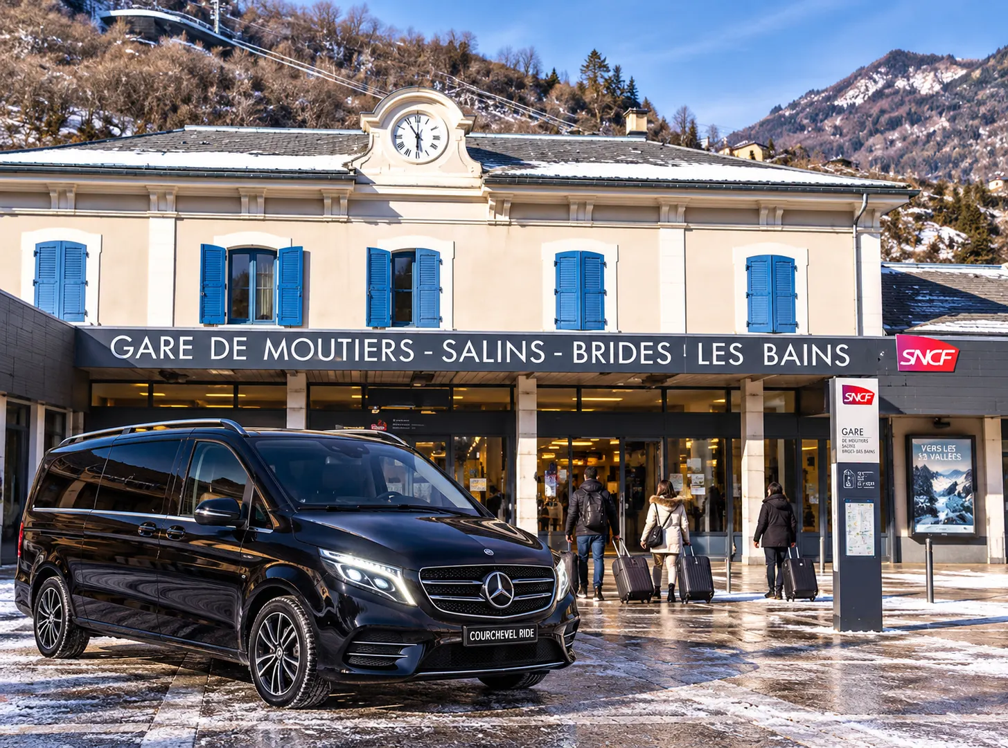 Black Mercedes private transfer van outside Moûtiers-Salins-Brides-les-Bains train station